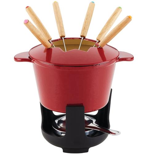 Red Enamel Cast Iron Fondue Set With 6 Serving Forks