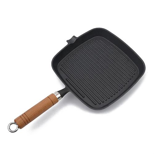Square Preseasoned Cast Iron Grill Pan with Wooden Handle