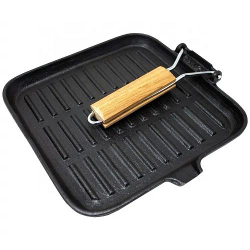 Preseasoned Cast Iron Grill Pan with Folded Wooden Handle