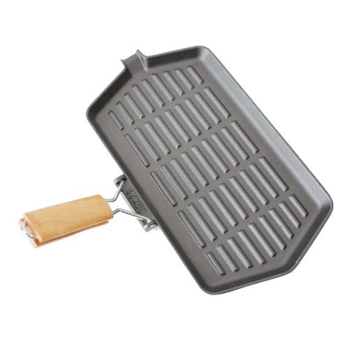 Household Portable Folding Even Heating Cast Iron Grill Pan with Wooden Handle