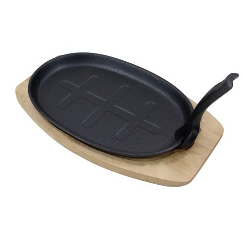 Cast Iron BBQ Griddle Sizzling Plate with Wooden Base and Handle