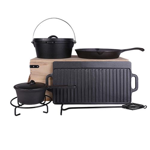 7Pcs Cast Iron Camping Cookware Set With Wooden Box