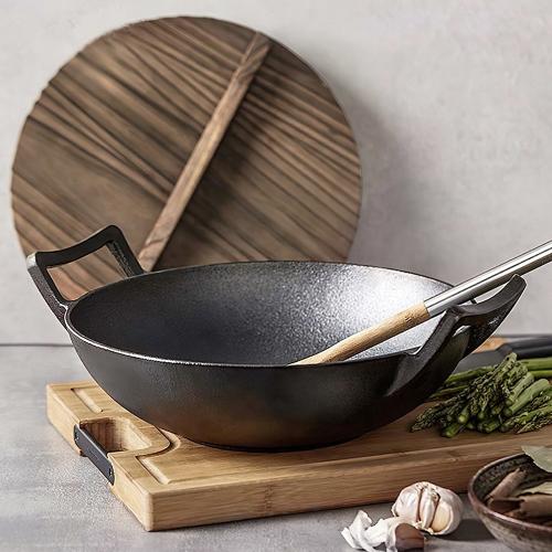Two Handle Non-Stick Cast Iron Wok with Wooden Lid 